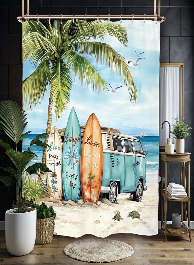Miyotaa Coastal Beach Palm Surfboard Shower Curtain Set 60Wx71H Inches Ocean Summer Tropical Scenery Hawaii Camping Waterproof Bathroom Curtain with 12 Hooks - Image 2